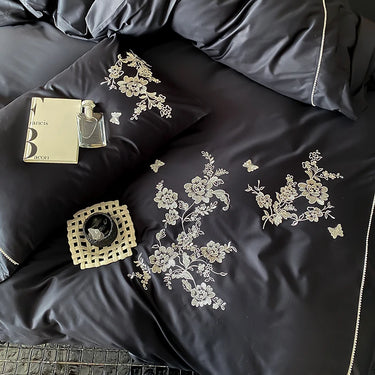 Black Red Premium Egyptian Cotton 1000TC Flowers Embroidery Vintage Duvet Cover Bedding Set